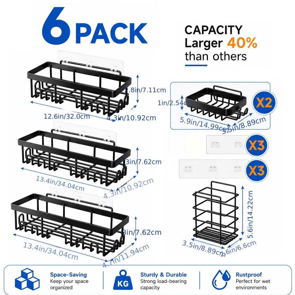 Six-Piece Black Adhesive Wall-Mounted Shower Caddy Set with Shelves, Hooks and Paper Holder