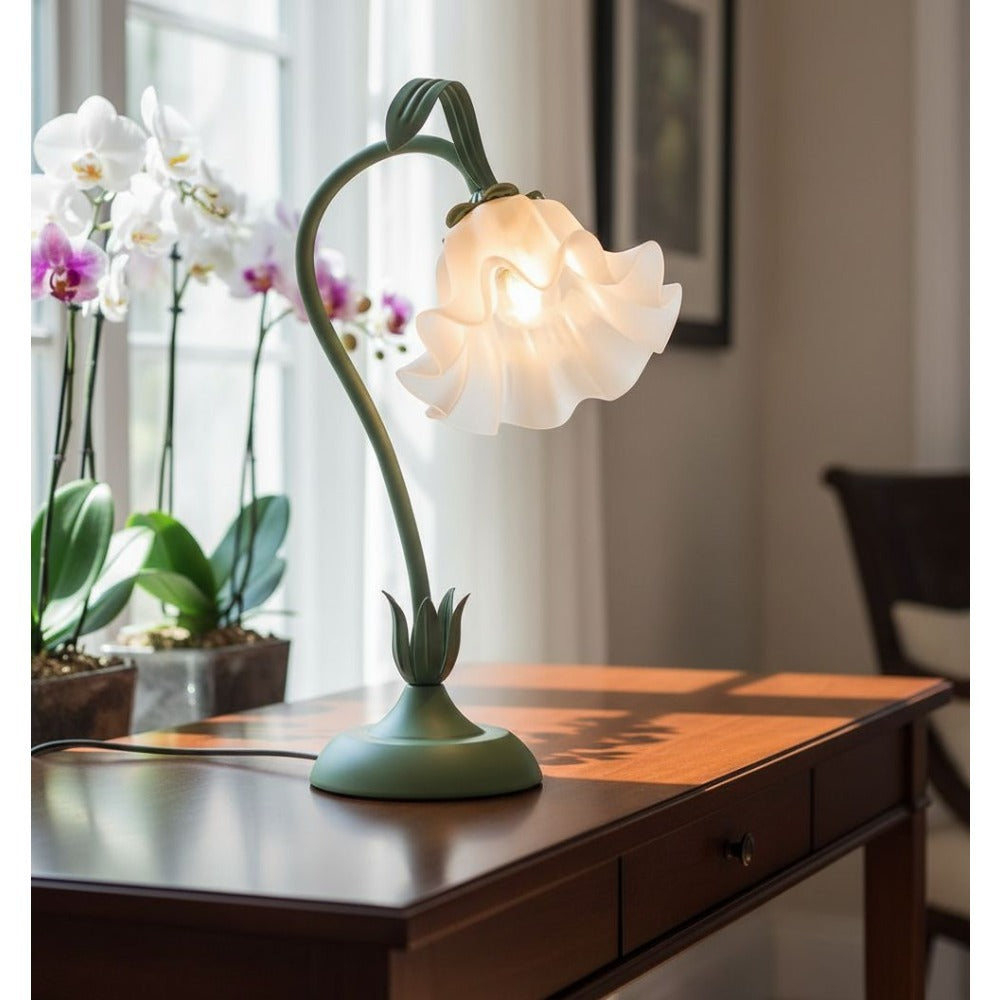 Table Lamp with Green Bellflower Stem, Floral Shade, Corded Power and Single Botanical Design