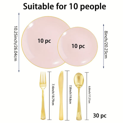 Disposable Plastic Plates Set 50 Piece – Pink Gold Rim Party Tableware with Dinner Plates, Dessert Plates & Utensils for Birthday Wedding