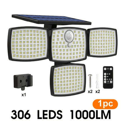 Solar Outdoor Motion Sensor Light 4-Head 3000LM, 270° Wide Angle, 3 Modes, Remote Control for Garden, Pathway and Patio Lighting