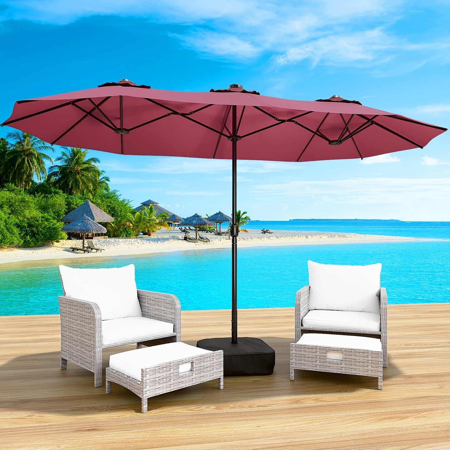 Patio Umbrella 15x7.5FT Double-Sided Style with Crank and Four Blue, Red, Khaki or Lake-Blue Options