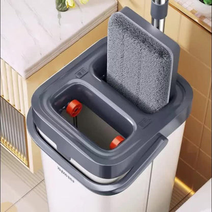 Flat Floor Mop and Bucket Set with Self-Cleaning System – Manual Squeeze Mop for Home, Office, Living Room, Bathroom & Kitchen – ABS
