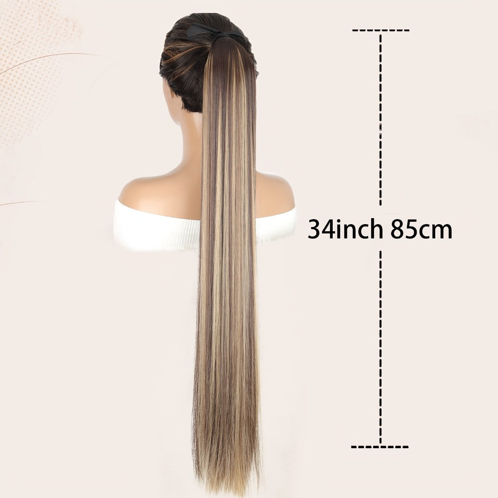 Hair Extensions Straight 34-Inch Synthetic Ponytail with Ribbon Wrap and Five Mixed or Natural-Tone Colors