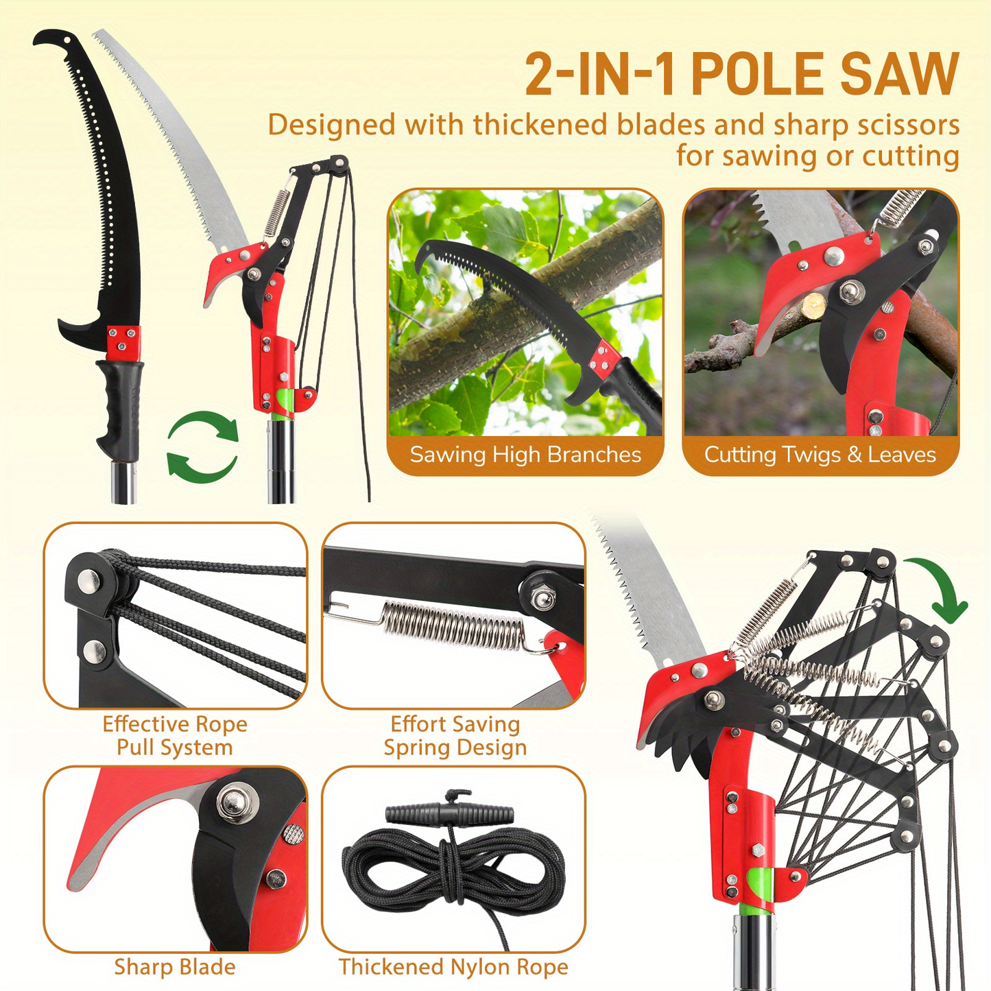 Extendable Pole Saw 26ft 2-in-1 Manual Tree Pruner, High Reach Branch Trimmer with Pruning Saw & Rope Cutter for Yard & Garden