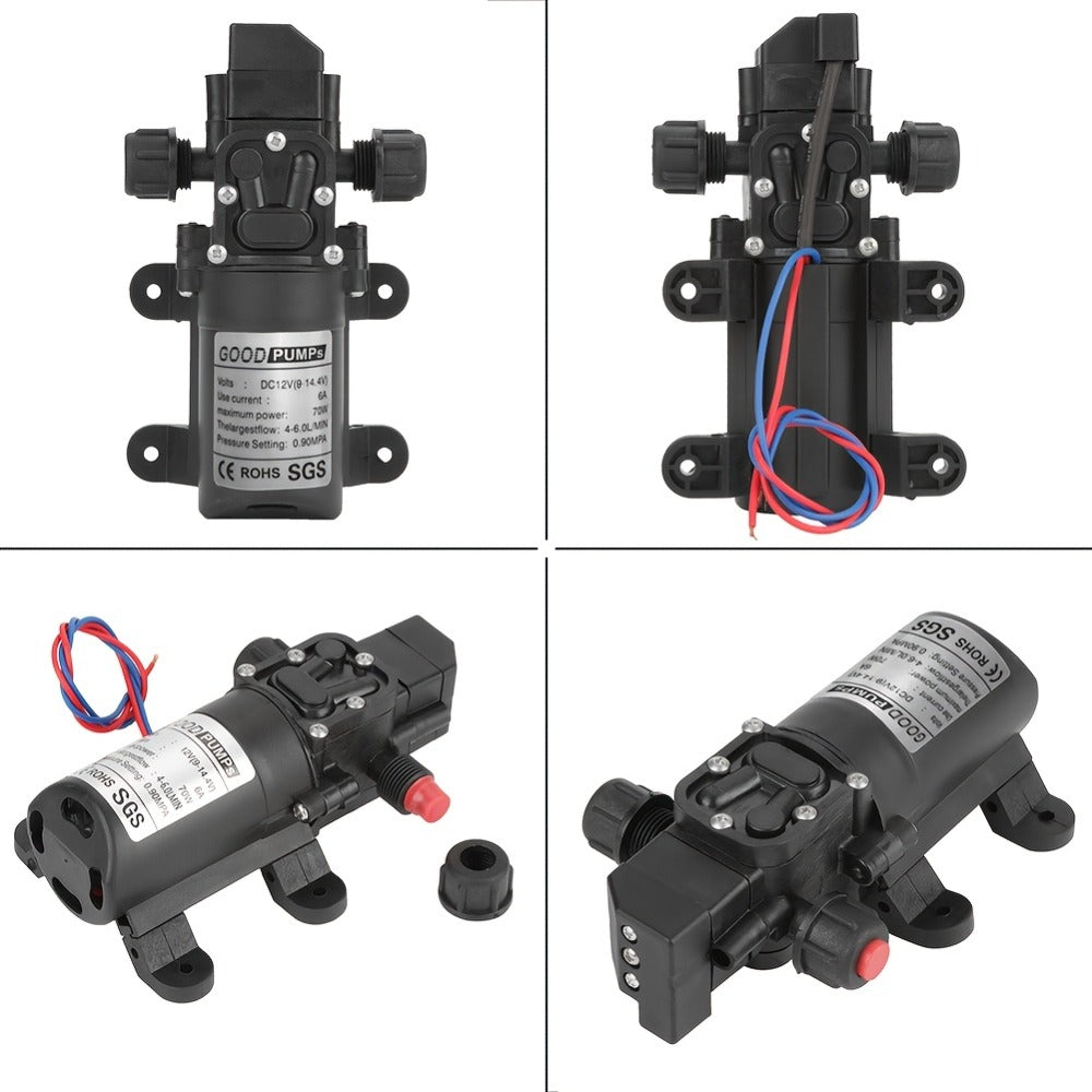 12V DC High Pressure Diaphragm Water Pump 70W Self Priming Pump 6L/Min 0.9MPA Portable for Entryways, Bedrooms and Living Spaces