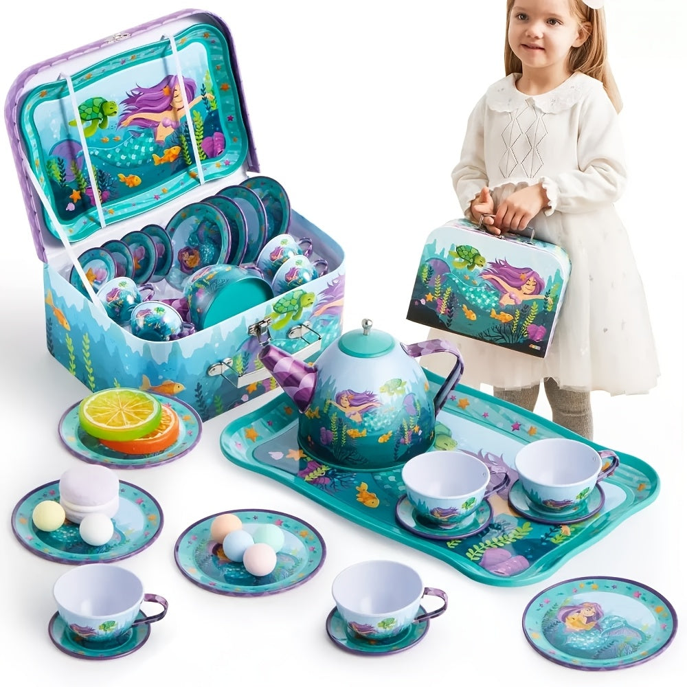 Mermaid Tea Party Set for Girls 21pcs, Tin Teapot, 4 Cups, Saucers, Plates & Carrying Case, Pretend Play Kitchen Toy for Toddlers