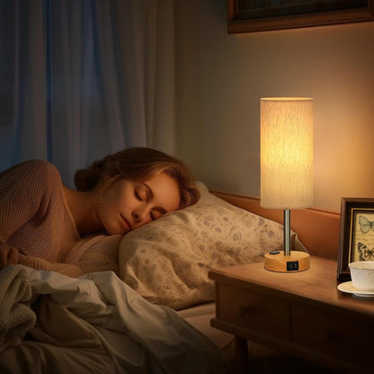 Table Lamp HOODINK with Cylindrical Shade, 3-Way Touch Dimming, USB-A, USB-C, AC Outlet and One or Two-Pack Options