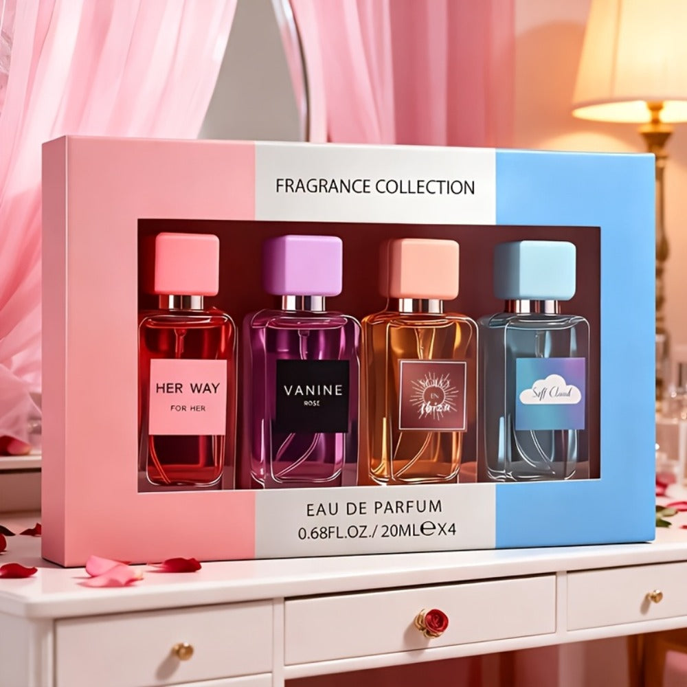 Perfume Gift Set Aroma Allure Four 20ml Eau de Parfum Sprays in Pink Blue Windowed Box for Women