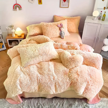 Plush Faux Fur Duvet Cover Set with Heart Pillow, Corner Ties and Twin, Queen or King Sizes in Eight Colors