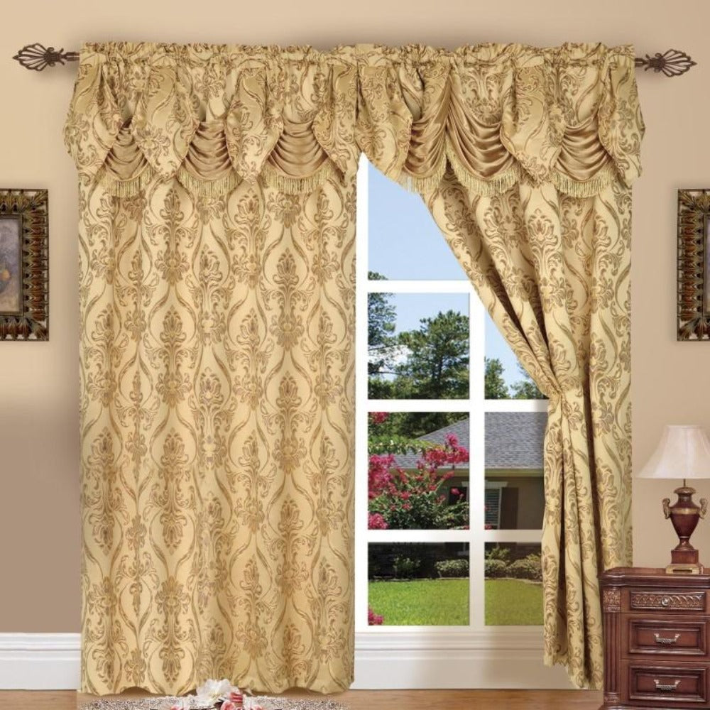 Jacquard Curtain Panels 2-Piece Set 54x84 Inch with Attached Waterfall Valance - Rod Pocket Room Darkening Luxury Window Curtains