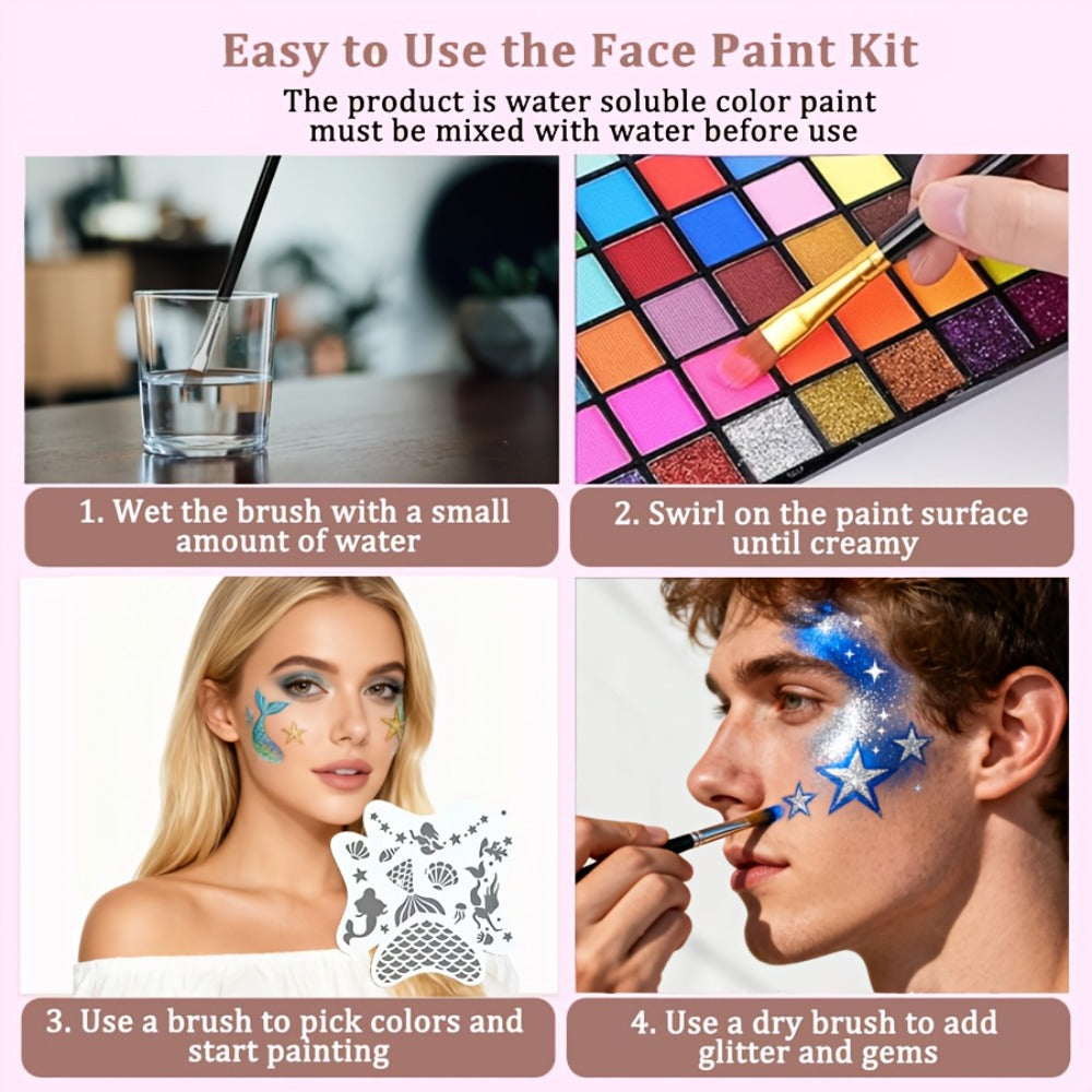 54 Color Face & Body Paint Kit with UV Fluorescent, Matte & Glitter Shades, Pattern Templates, Brushes &