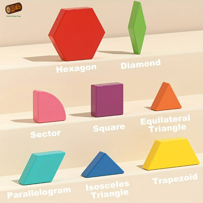Magnetic Wooden Puzzle Blocks 128 180 220 Piece Set, Geometric Figures Cognitive Learning STEM Toy for Kids