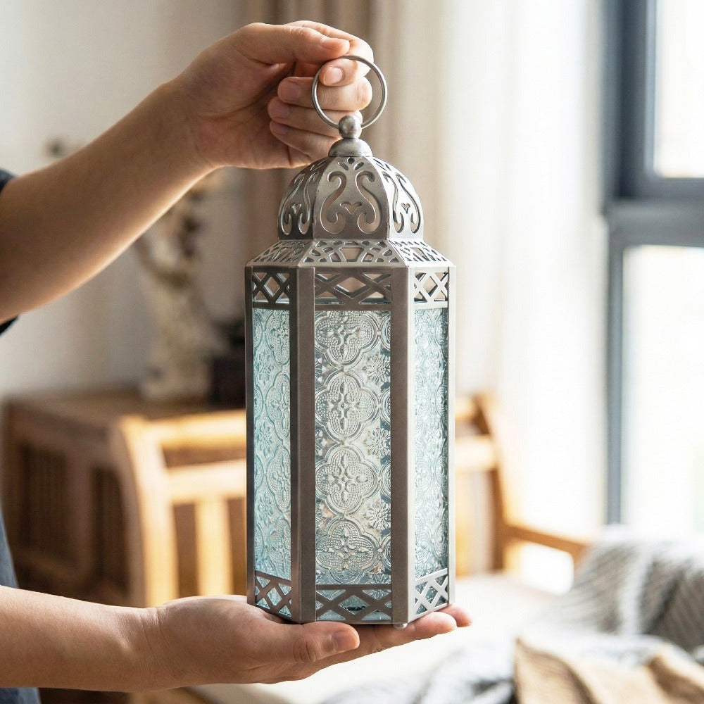 Moroccan Candle Lantern Holder - Decorative Metal & Glass Lantern with Embossed Floral Design for Indoor Home Decor