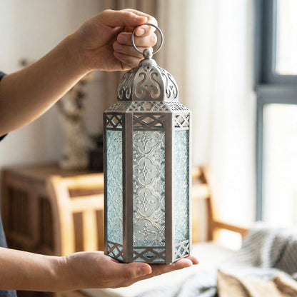 Moroccan Candle Lantern Holder - Decorative Metal & Glass Lantern with Embossed Floral Design for Indoor Home Decor