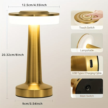 Table Lamp with Gold Metal Body, Rechargeable Battery, Touch Dimming and Three Color Temperatures