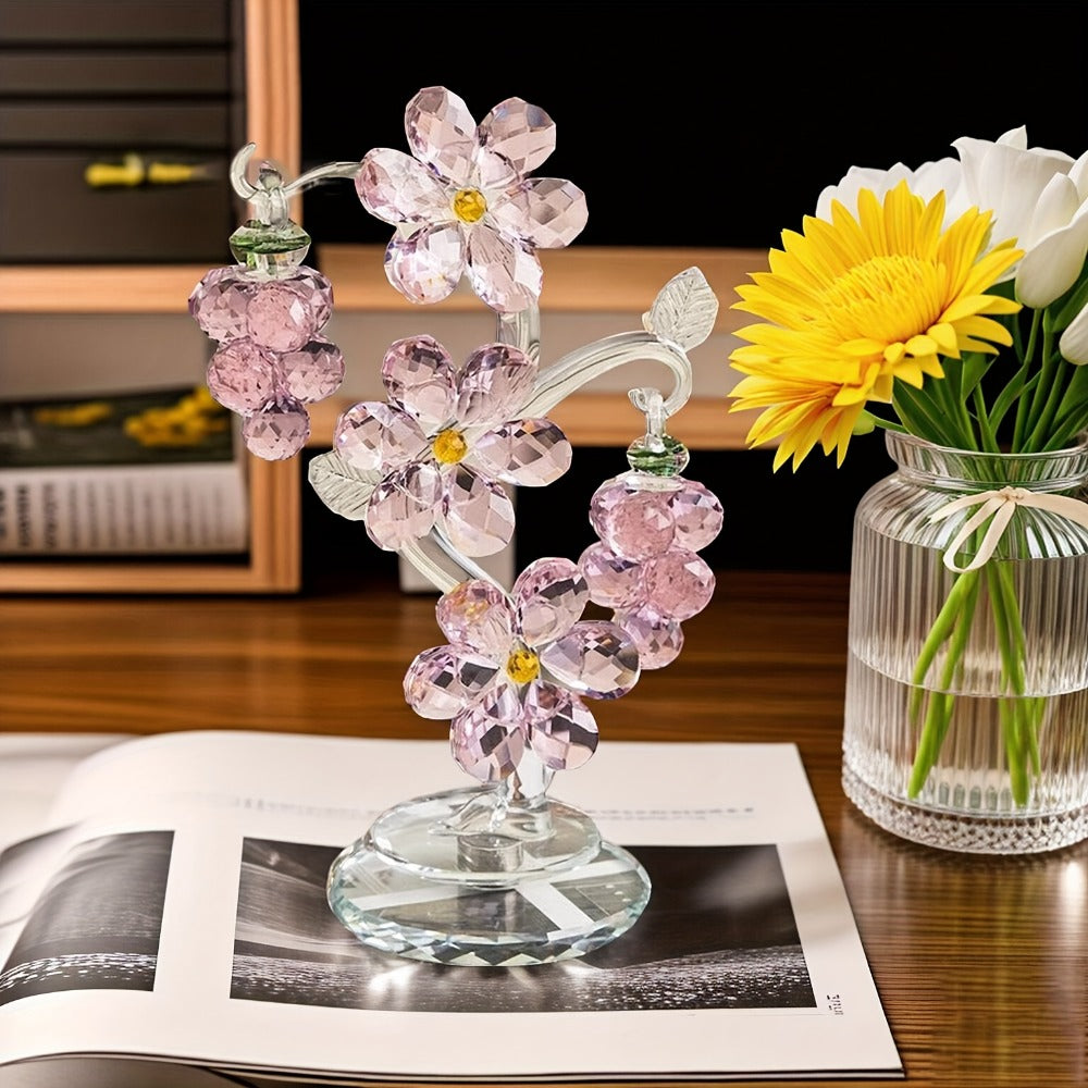 Pink Crystal Tree Statue Ornament – Romantic Crystal Flower Sculpture with Rotatable Base, Elegant Home Decor Gift for Valentine's Day