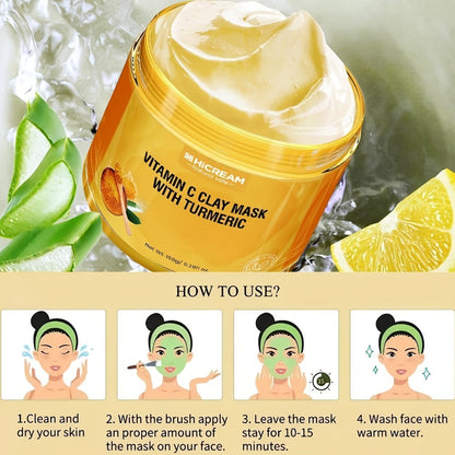 Vitamin C & Turmeric Clay Face Mask 5.29oz / 150g for Bath Time, Home Spa and Personal Care