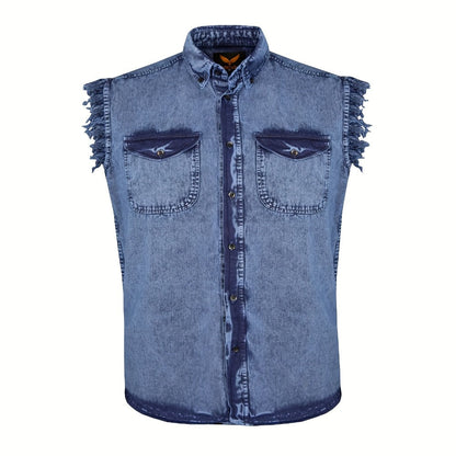 Men's Sleeveless Shirt – Fringe Hem Crew Neck Tank Top, Stonewash Cotton, Regular Fit for Streetwear, Beach & Vacation, Sizes M–XXXXL