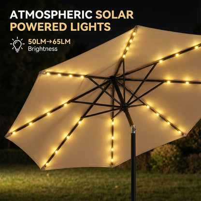Patio Umbrella 9FT Solar LED Style with 32 Lights, Double Vent, Push Tilt, Crank and Eight Color Options