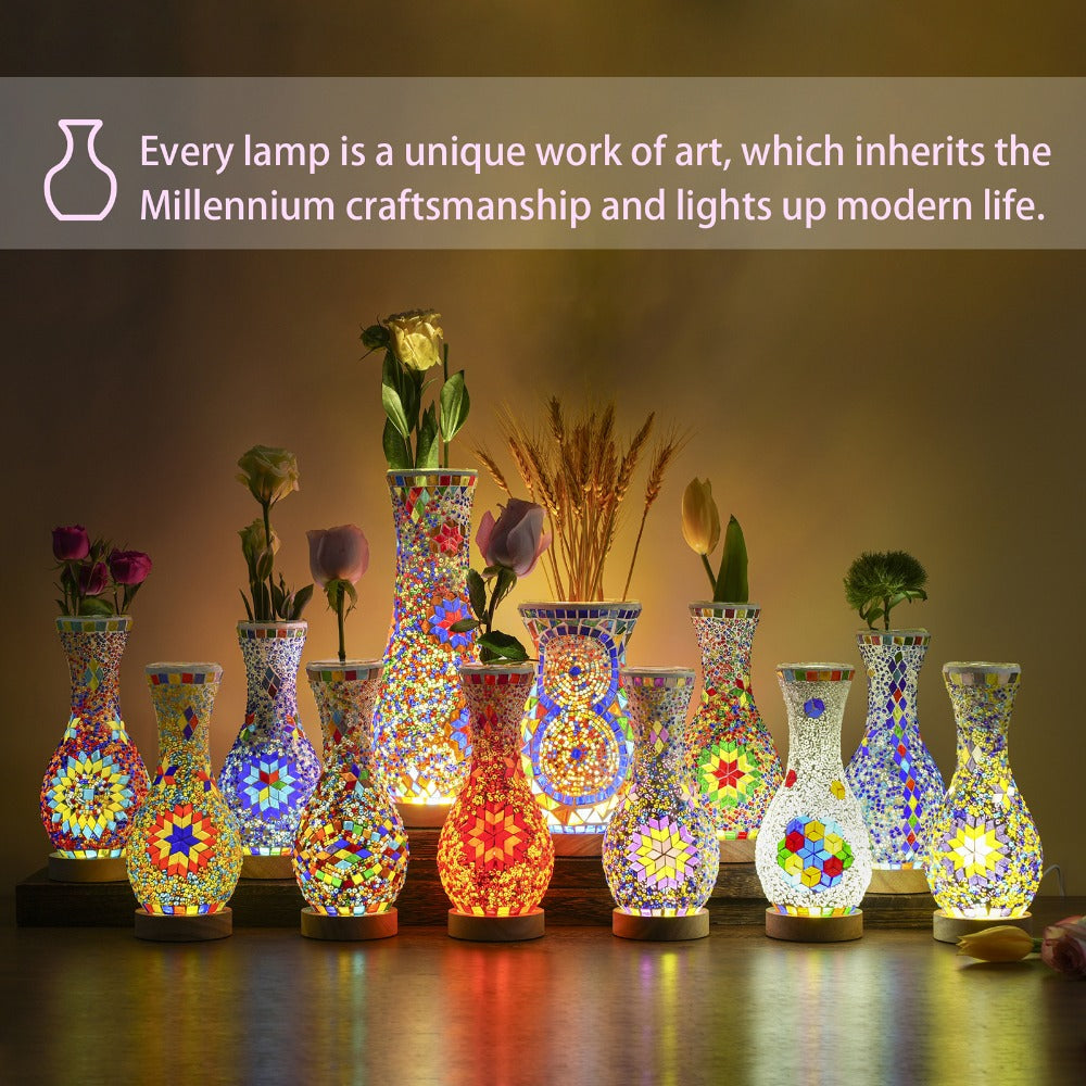 Mosaic Vase Lamp Turkish Moroccan Handmade Colorful Glass Table Lamp with Wooden Base, USB Plug-In Boho Night Light