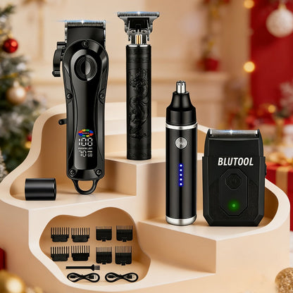 Hair Clipper & Trimmer Set 4-Piece for Men – Professional Barber Kit with Nose Trimmer, Detail Trimmer, Guide Comb