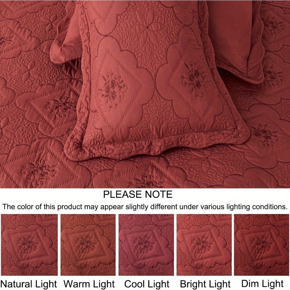 Quilt Set 3 Piece Floral Embroidery Bedspread – 100% Polyester Wrinkle Resistant Lightweight Quilted Coverlet with 2 Pillow Shams for Full