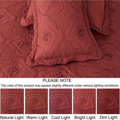 Quilt Set 3 Piece Floral Embroidery Bedspread – 100% Polyester Wrinkle Resistant Lightweight Quilted Coverlet with 2 Pillow Shams for Full