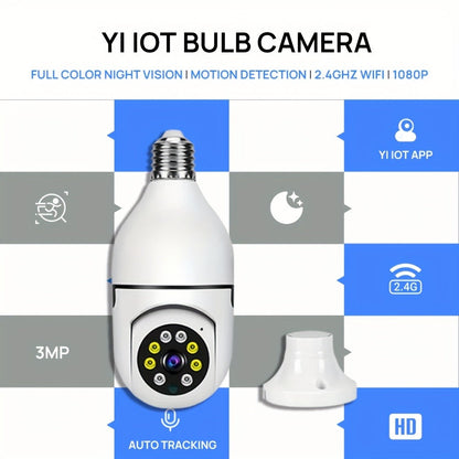 E27 Bulb Camera 360° Pan & Tilt 3MP 1080P, Full-Color Night Vision, Two-Way Audio, Motion Detection