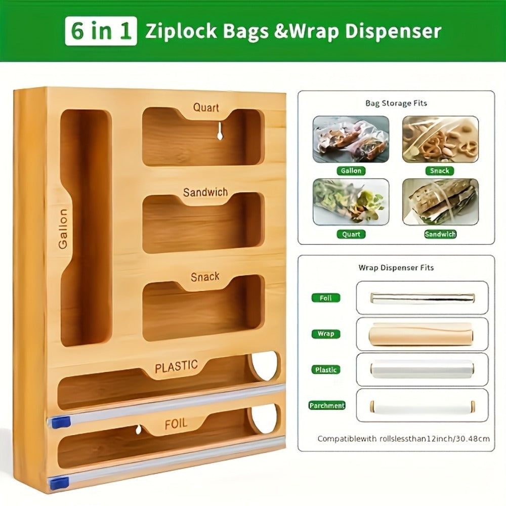 Bamboo Ziplock Bag Organizer Box for Kitchen Drawer – Adjustable Dividers, Compatible with Gallon Quart Sandwich Snack Bags