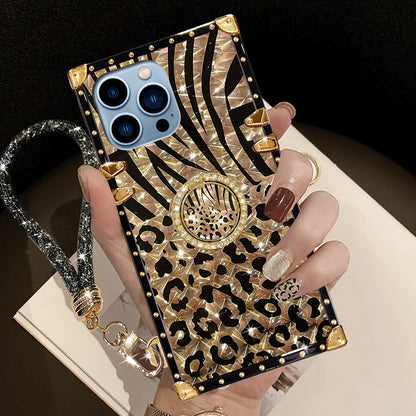 Phone Case Leopard Print Rectangular Cover with Ring Grip Kickstand for Select iPhone 12–16 Models