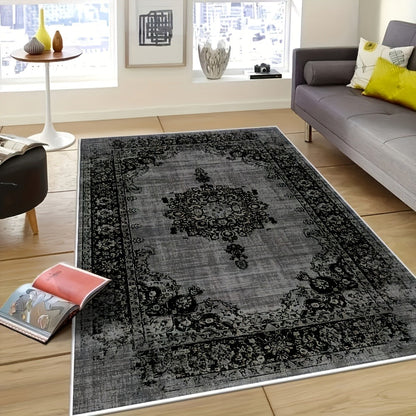 Area Rug Velvet Bohemian Floral Geometric Low-Pile Design in Six Machine-Washable Room Sizes