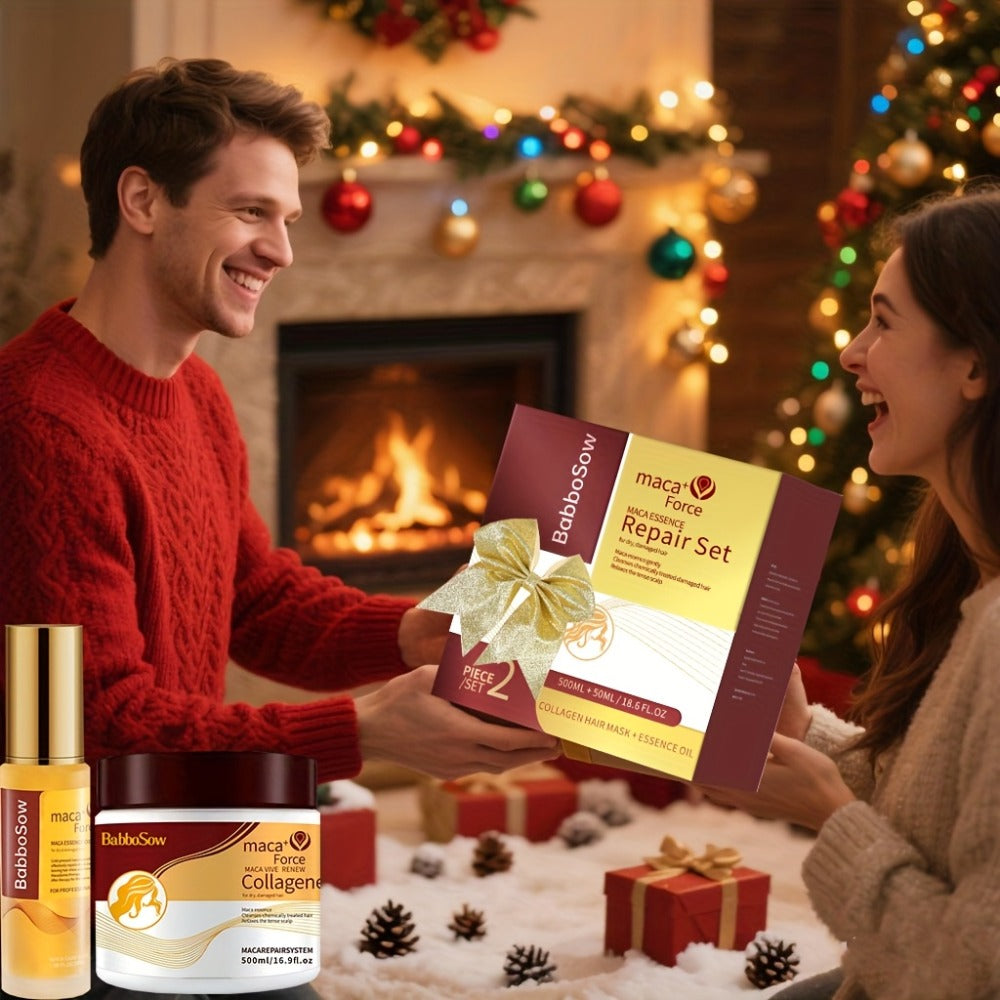 500ml Collagen Hair Mask and Maca Essence Oil Two-Piece Boxed Hair Care Set with Separate Bottles
