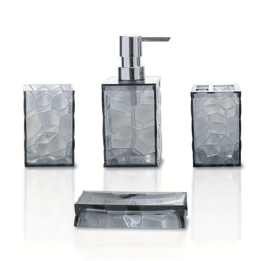 Bathroom Accessories Set 4-Piece Diamond Grid Plastic Organizer Soap Dispenser Toothbrush Holder Grey Blue Green