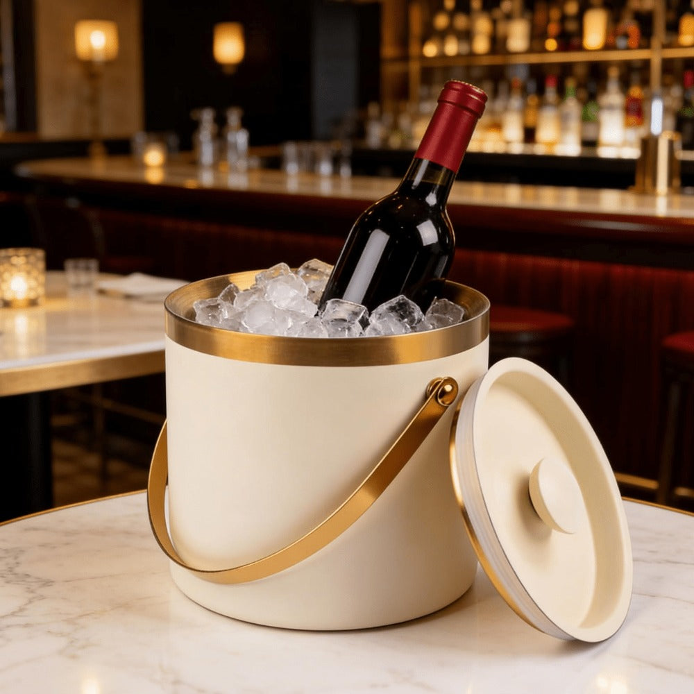 Stainless Steel Ice Bucket with Lid 44oz, 3-Layer Vacuum Insulated Large Ice Bucket with Ice Spoon & Drain