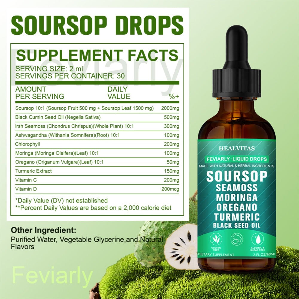 Soursop Bitters Liquid Supplement 2oz 10-in-1 with Seaweed Moringa Turmeric Black Seed Oil & Oregano Herbal Extracts