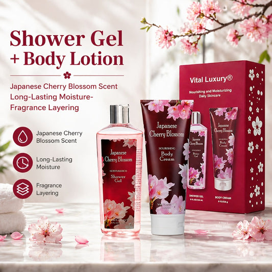 Cherry Blossom Body Wash Set for Women 8oz – Moisturizing Body Cream & Shower Gel Gift Set Light Non-Sticky Long-Lasting Floral Scent