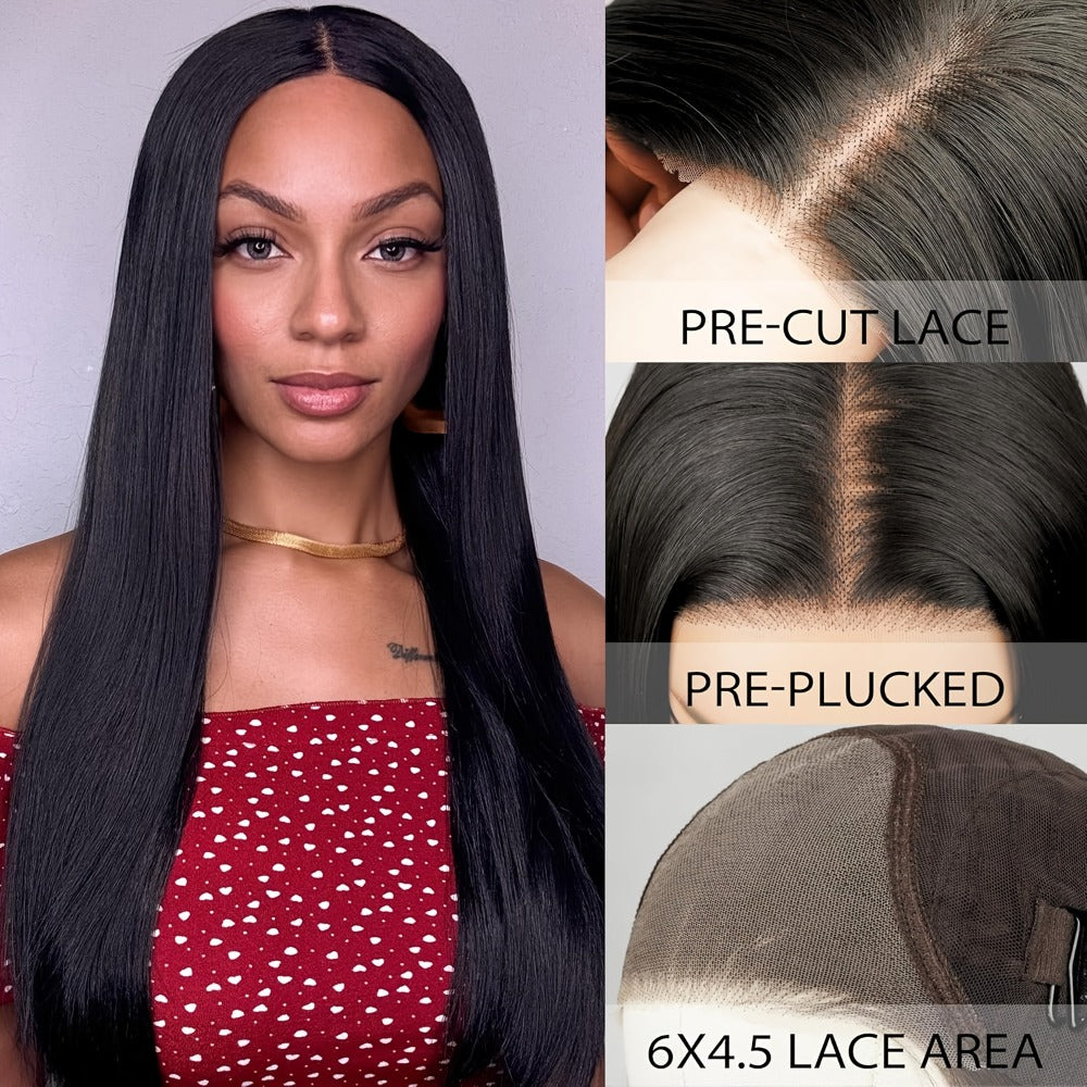 Put On and Go Wig 6x4.5 HD Lace Human Hair Straight 250% Density Glueless Pre-Plucked Pre-Cut Pre-Bleached Knots Long Straight Wig for Women