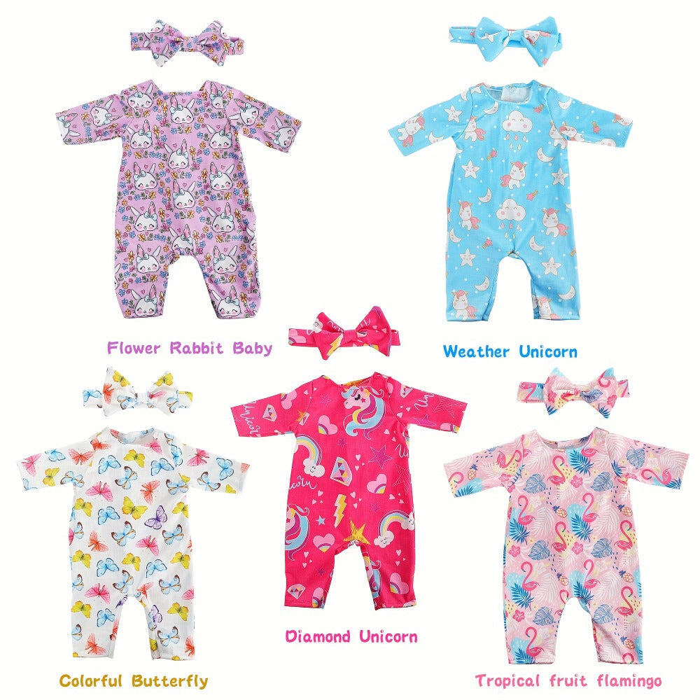 5-Pack Baby Doll Outfits Romper Clothes Set with Headbands for 14-16 Inch with the Listed Color, Size or Set Options for Everyday Use