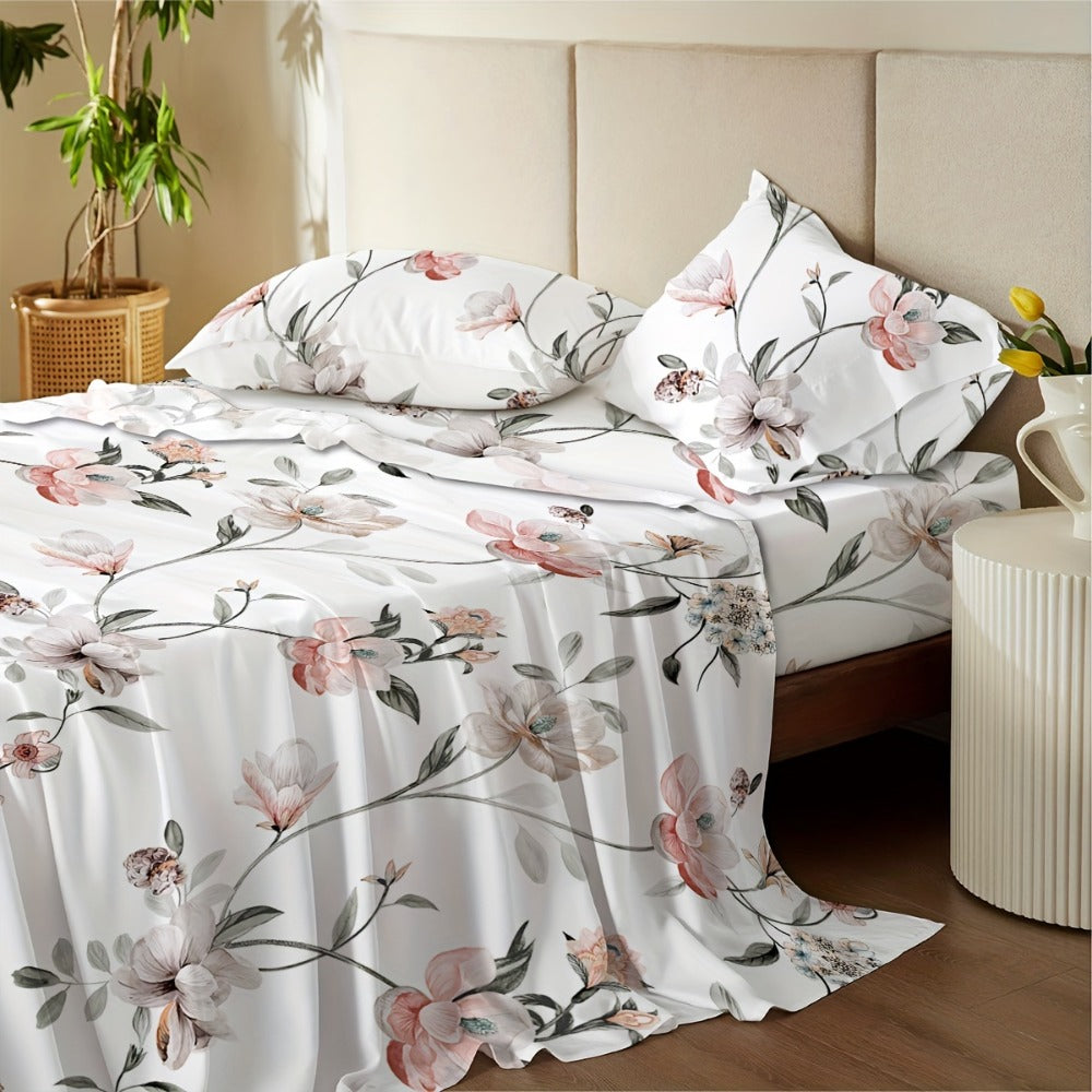 Bed Sheets, Floral Polyester Set with 12-Inch Fitted Pocket, Twin-to-King Sizes and White, Pink or Green Patterns
