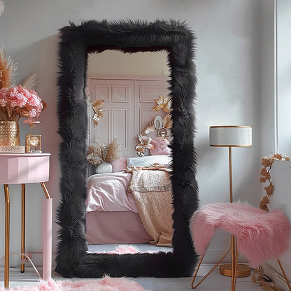Full Length Mirror with Faux Fur Frame 24x63 Inch Leaning Floor Mirror for Bedroom Living for Entryways, Bedrooms and Living Spaces