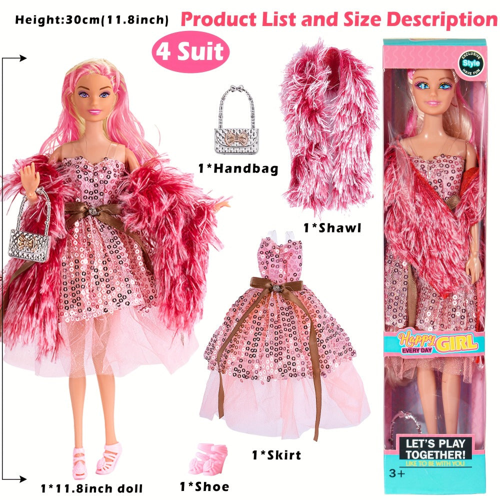 Six-Piece 11.5-Inch Fashion Doll Set with Mixed Outfits, Handbags, Hats, Necklaces and Suitcase Accessories