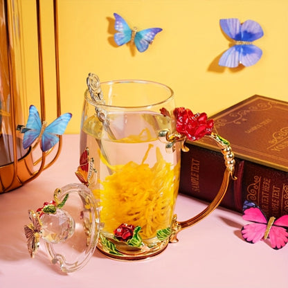 Flower Glass Tea Cups with Lids and Spoon 4 Sets Butterfly Vintage Floral Clear Glass Coffee Mugs 12oz Gift for Women Mom Wife Girlfriend