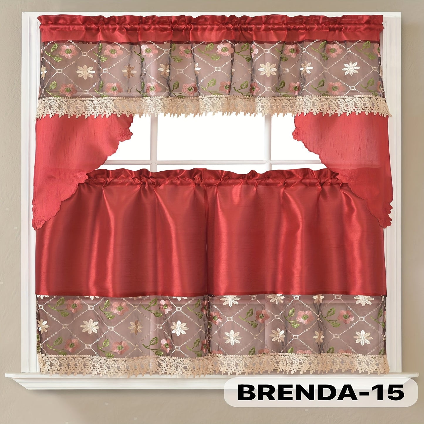 Kitchen Curtains 3 Piece Set Embroidered Satin Valance and Tiers – Rod Pocket Light Filtering Machine Washable 46 Colors