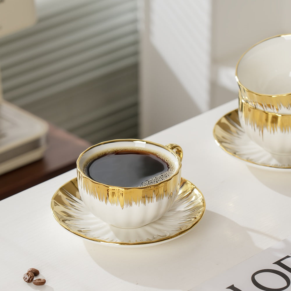 European Ceramic Coffee Cup and Saucer Set of 6 – Light Luxury 8.45oz Porcelain Tea Cups with Plates | Elegant Floral Dinnerware for Wedding