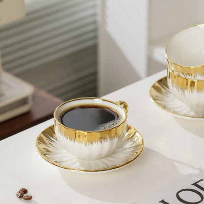 European Ceramic Coffee Cup and Saucer Set of 6 – Light Luxury 8.45oz Porcelain Tea Cups with Plates | Elegant Floral Dinnerware for Wedding