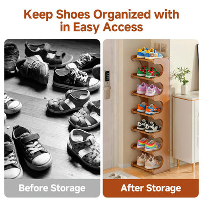 Natural-Color Seven-Layer Bamboo-Labeled Shoe Rack with Narrow Freestanding Corner Layout Design