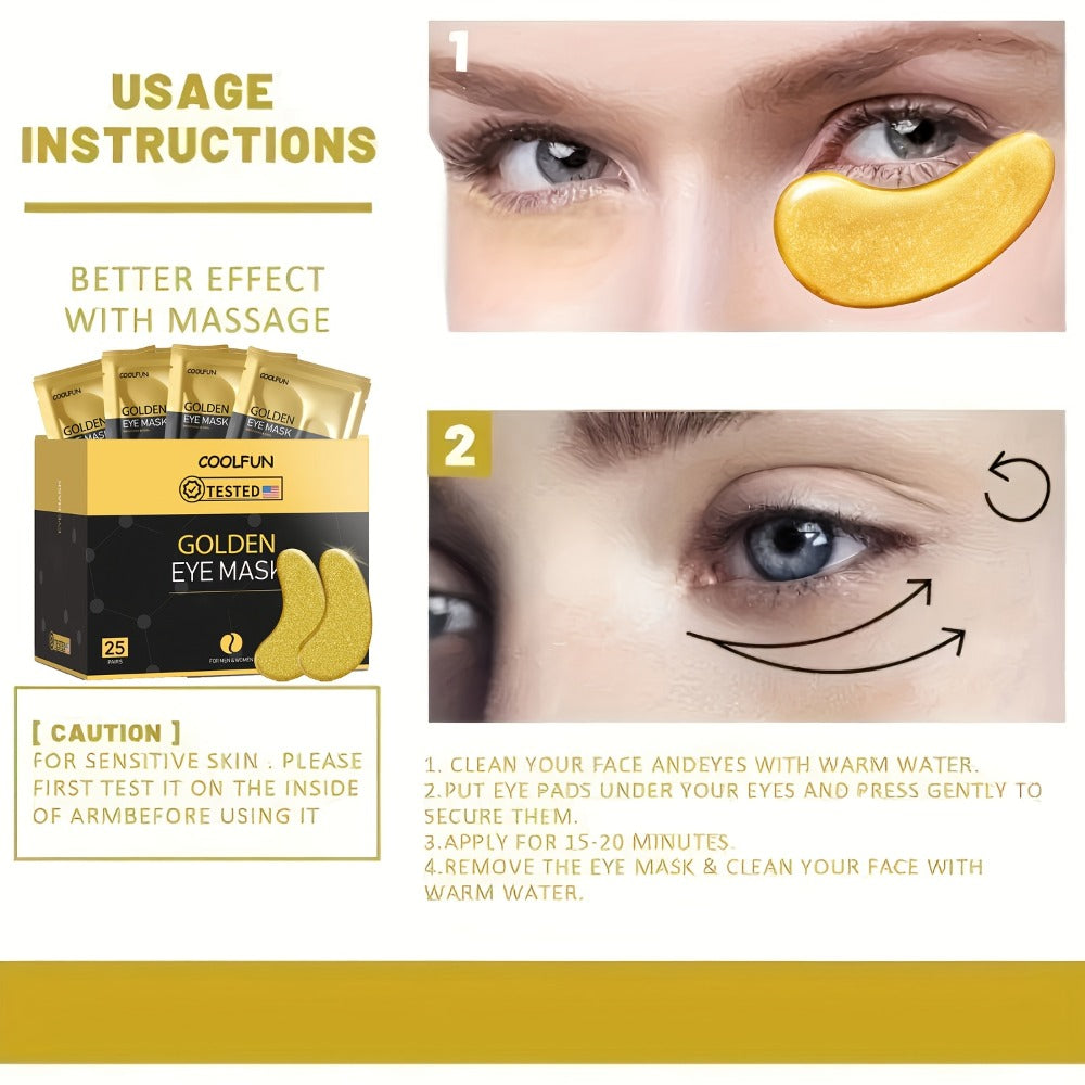 24K Gold Eye Patches 25 Pairs Collagen Under Eye Mask with Glycerin Eye Pads for Dark Circles Puffiness Eye for Home or Salon Spa Use