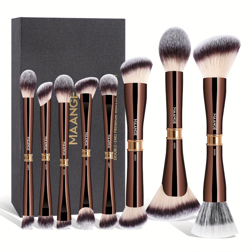 Makeup Brush Set, 8-Piece Double-Ended Collection with 16 Brush Heads, Aluminum Alloy Handles and Storage Box