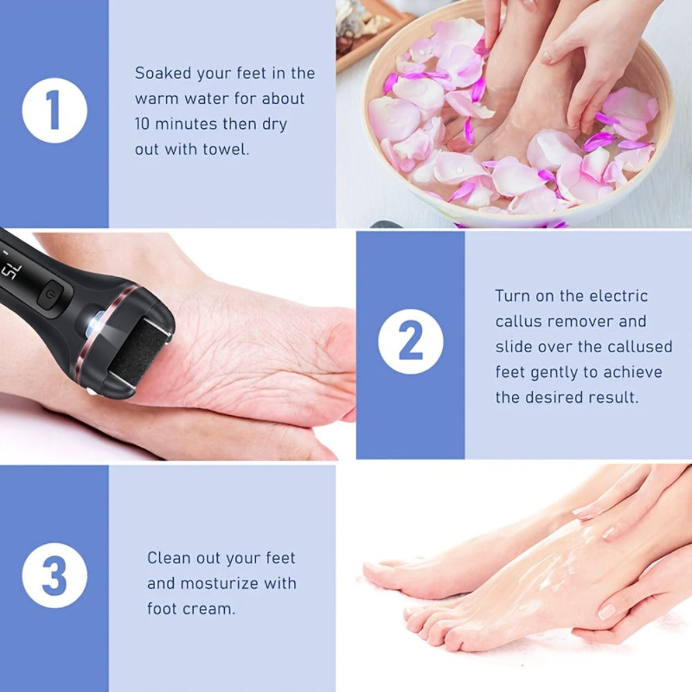 Electric Pedicure Foot File 10-in-1 Kit, Rechargeable with Digital Display, 3 Roller Heads