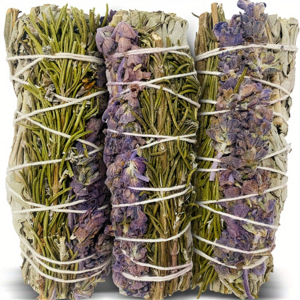 Sage Incense Smudge Bundle Set 3 Pack - White Sage Rosemary Lavender Hand-Bundled Incense for Entryways, Bedrooms and Living Spaces